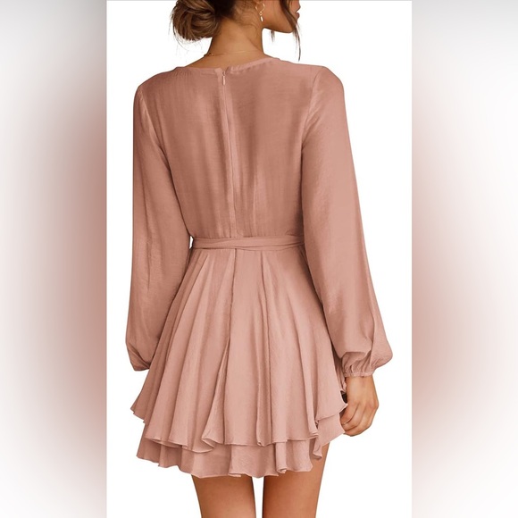 Deep V-Neck Long Sleeve Dress color Camel - Picture 2 of 5